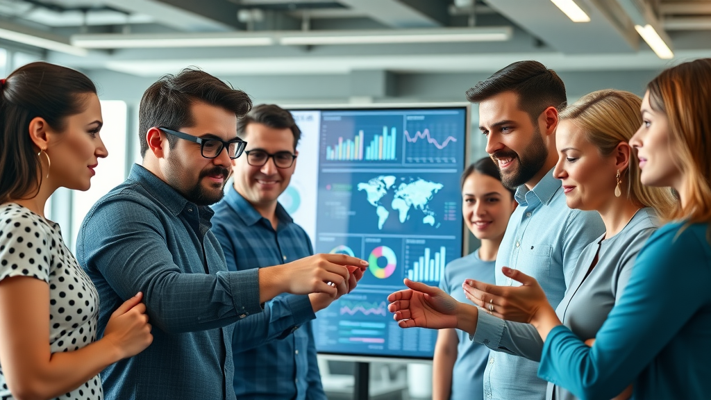 Cross-channel marketing strategies team collaborating with global analytics displayed on screen