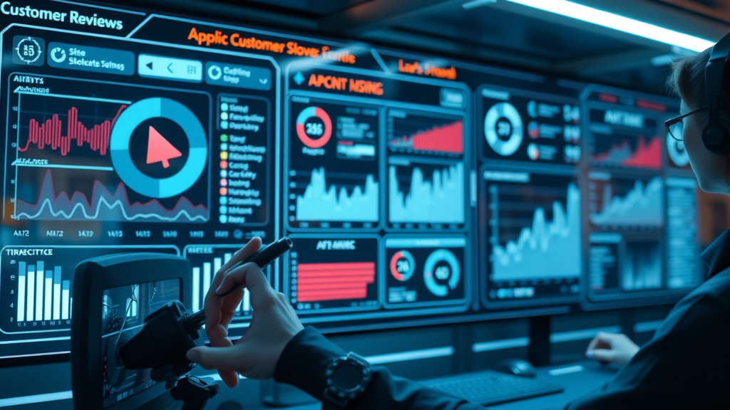 futuristic AI analytics dashboard analyzing online feedback response metrics