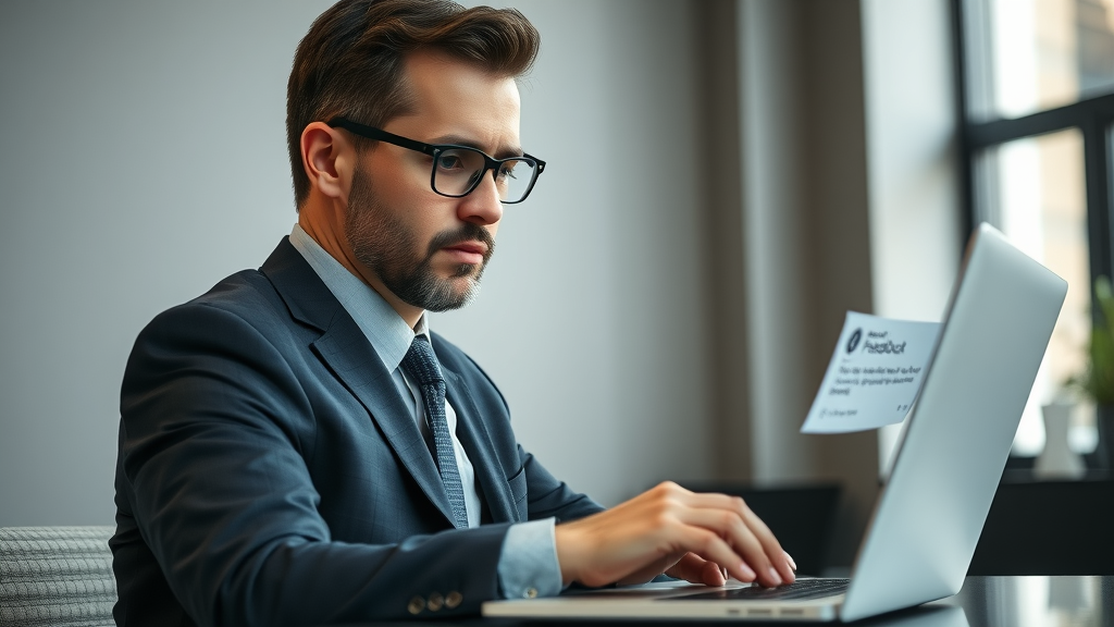 businessperson analyzing and responding to negative feedback on laptop