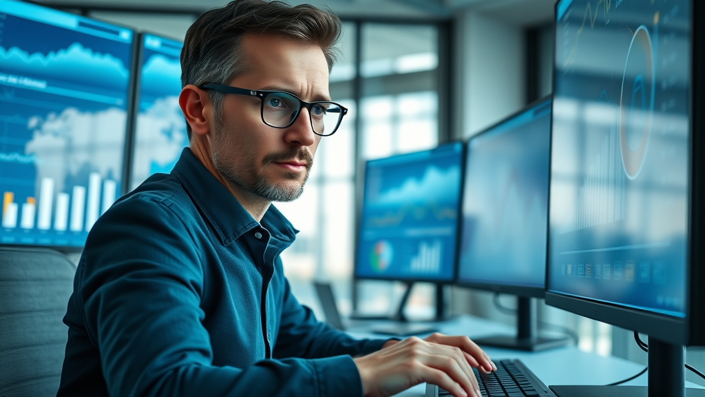 brand monitoring tools dashboard being studied by a business analyst in a modern office