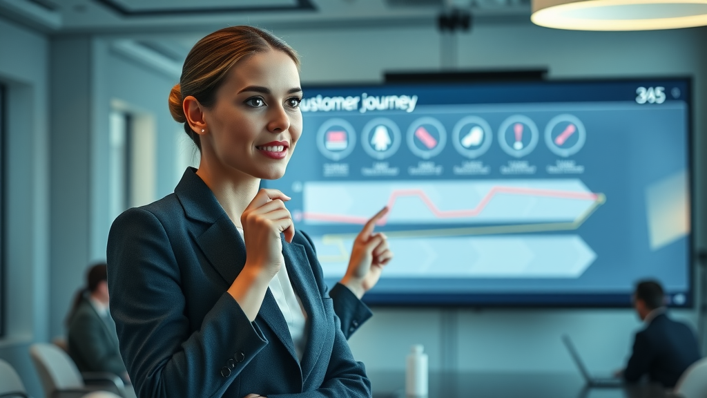 customer journey mapping businesswoman analyzing a multistep customer journey on a digital screen in a professional office setting