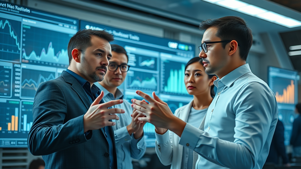 Marketing team analyzing cross-channel retargeting data on digital dashboards in a modern office, focused on channel marketing analytics.