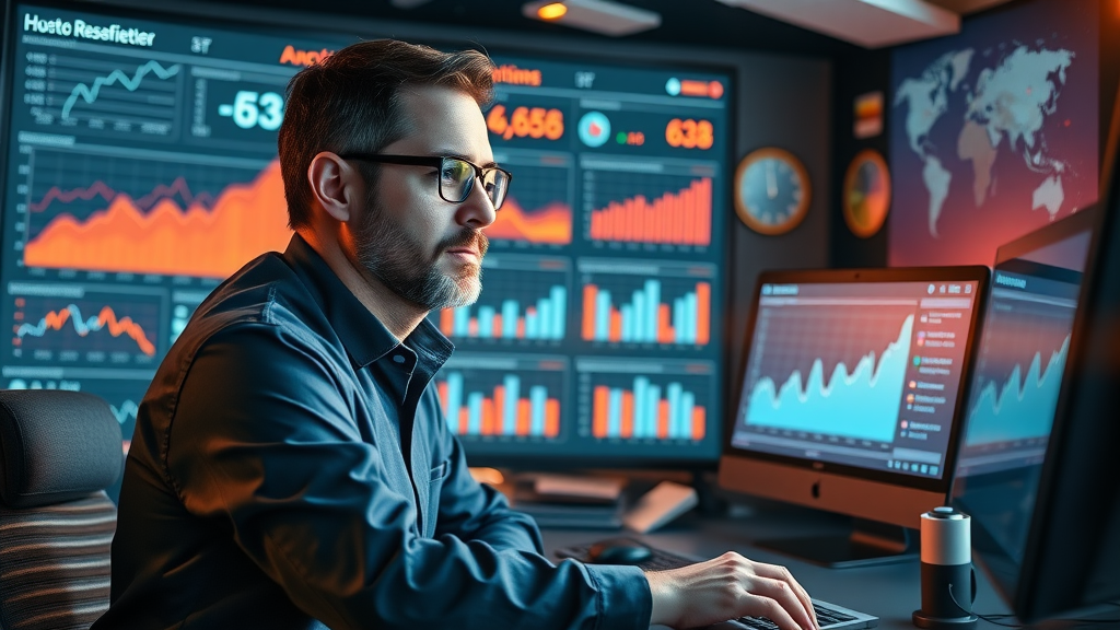 analyst examining ROI metrics across multiple digital marketing channels in command center
