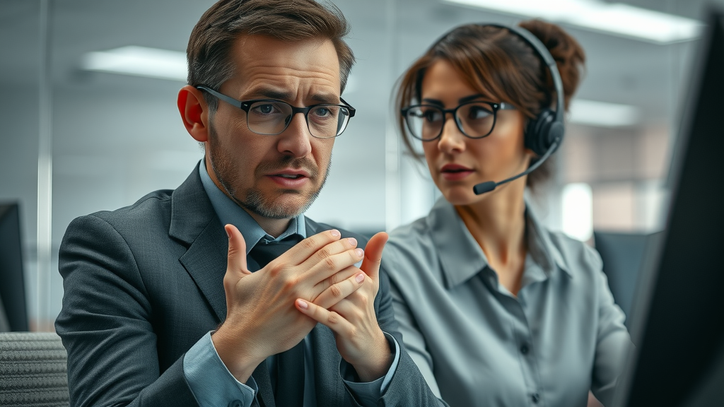 frustrated customer, customer service issues, office call center, photorealistic