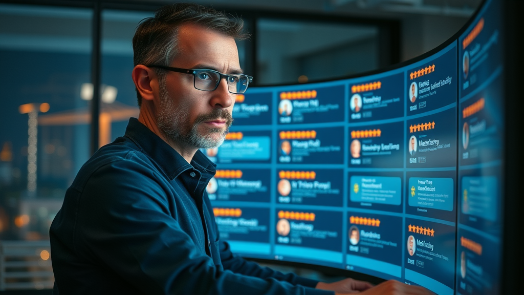 experienced reputation manager monitoring review management and search result alerts on a curved screen