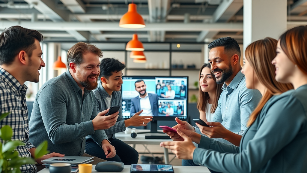 video marketing integration team collaborating in modern office with digital video content on screens