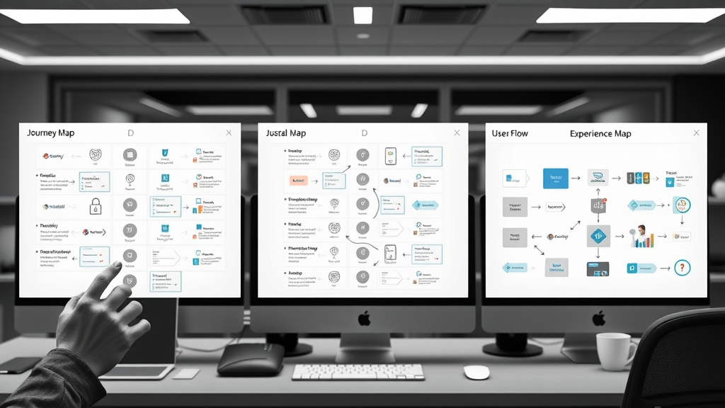 customer journey map, experience map, and user flow contrasting diagrams on a modern workspace screen