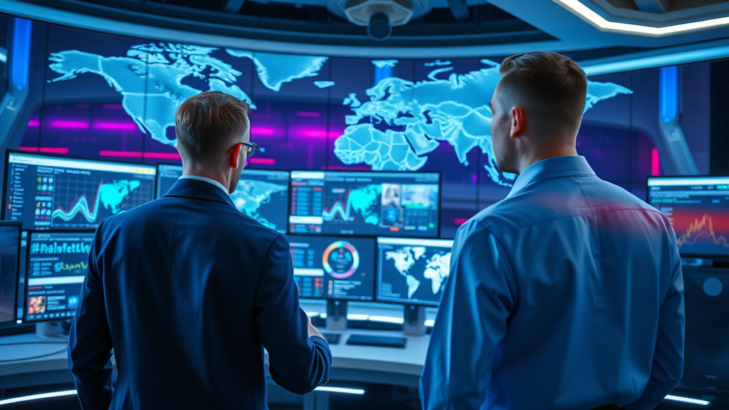 Futuristic digital newsroom with PR team analyzing Meltwater dashboards for brand monitoring, sentiment analytics, monitoring software.