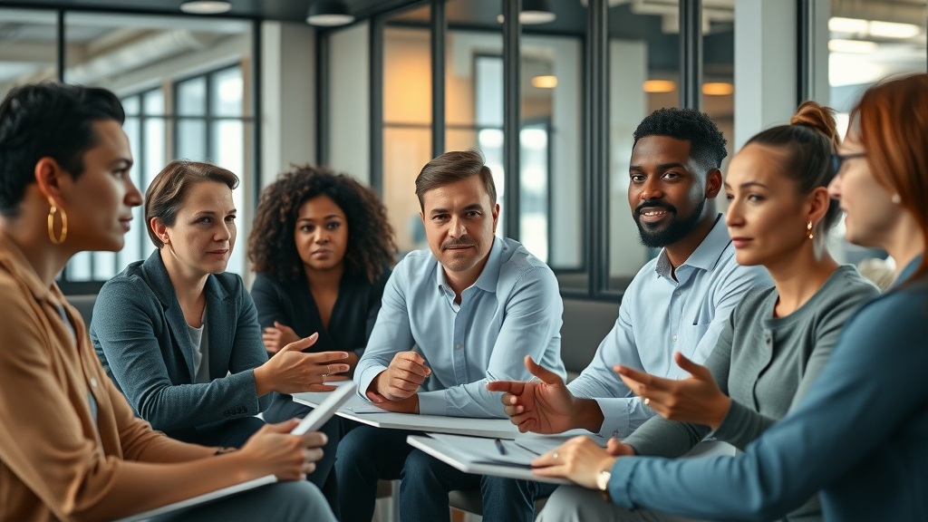 Diverse group of small business owners engaged in a crisis management strategy meeting in urban coworking space, collaborative note-taking