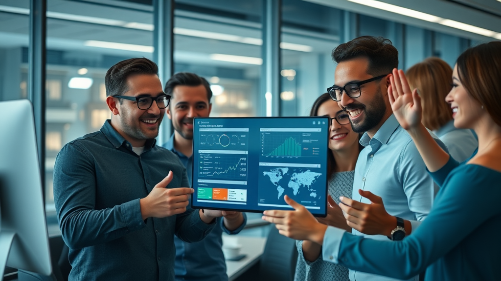 digital marketing team collaborating on digital marketing tactics with Cincinnati view in corporate office