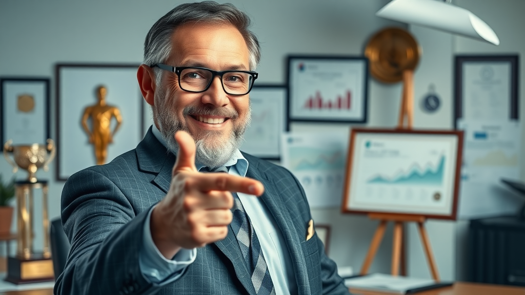 Content marketing expert celebrating career milestones with awards and graphs