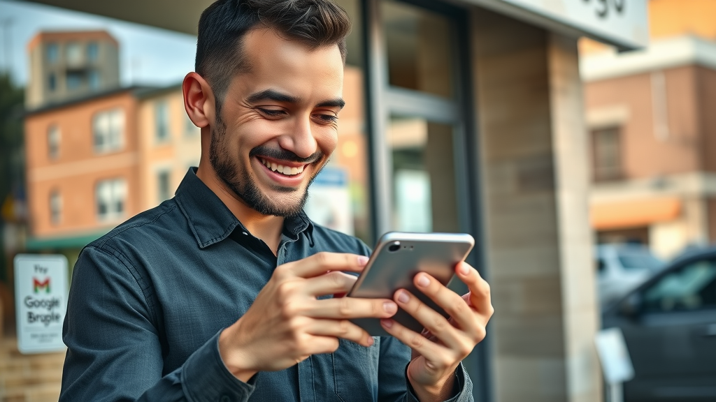 successful business owner using digital marketing tactics by checking Google My Business listing on smartphone