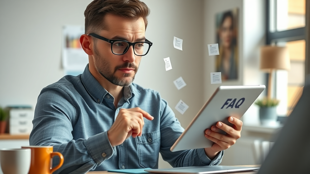 attentive local business owner consulting digital marketing tactics FAQ on tablet in Cincinnati workspace