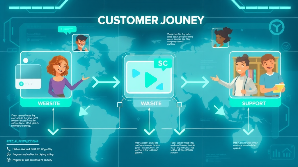 customer journey mapping, engagement outcomes, smiling avatars, touchpoints, digital illustration