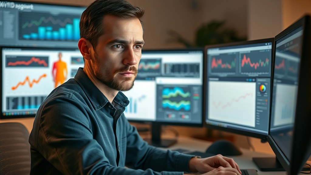 digital marketer analyzing retargeting strategies and data for digital marketing tactics with multiple analytics screens