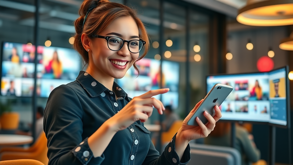 social media manager shaping brand reputation with positive posts on multiple devices
