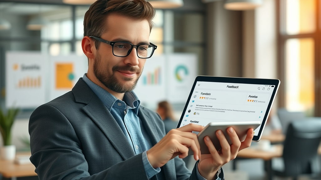 Modern business owner reviewing feedback on a digital tablet for review generation strategies