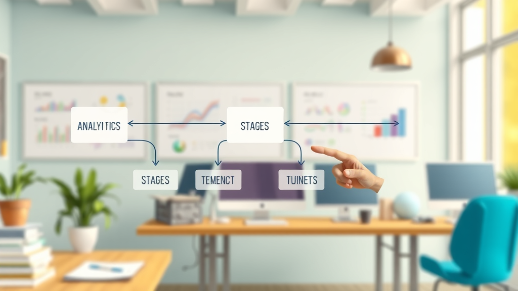 Flowchart illustrating the four types of social media analytics with arrows and a character pointing to stages