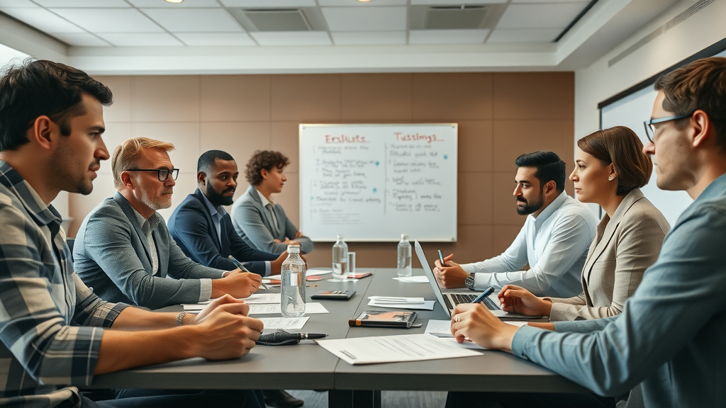 diverse business team drafting review response templates, collaborative setting, review response techniques planning
