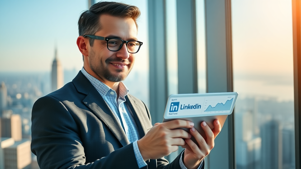 Confident business professional reviewing LinkedIn retargeting platform analytics in high-rise office