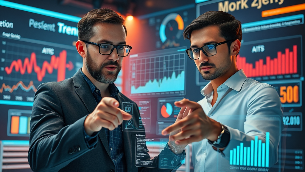 visionary marketing strategists discussing future social proof trends using advanced AI analytics