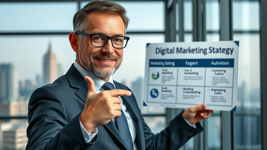 confident marketing expert pointing to digital content marketing strategy board with cityscape background