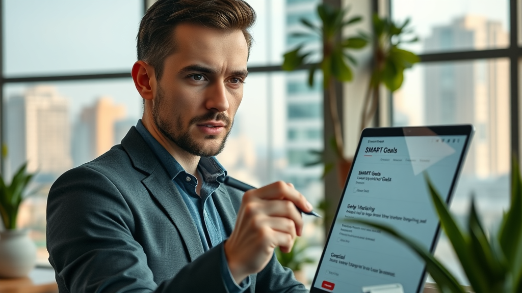 Small business owner setting measurable social media goals and KPIs on a digital screen