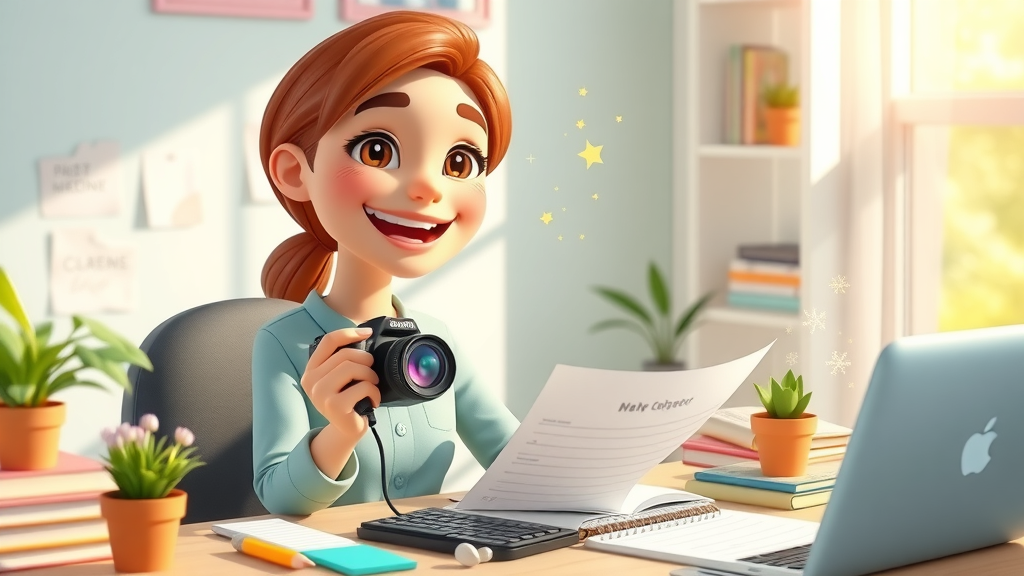 inspired beginner content creator confidently setting up camera and planner in cheerful creative space