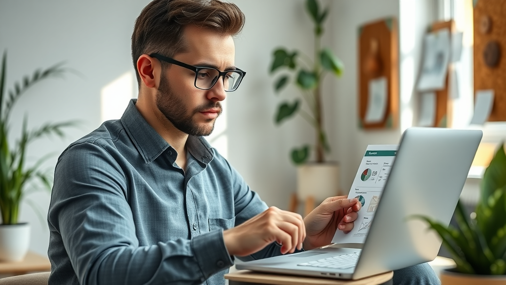 small business owner conducting market research on laptop, analyzing competitors for marketing tips