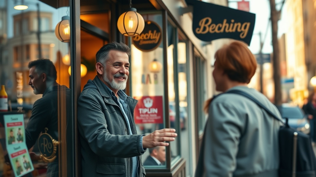 vibrant small business storefront, inviting atmosphere, business owner greeting local customer, local SEO for small businesses