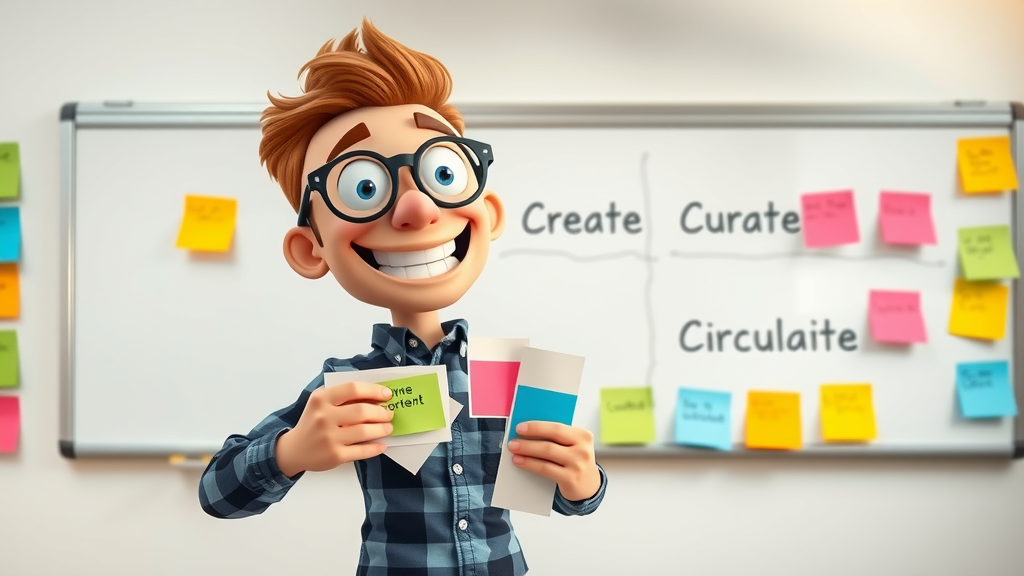 happy marketer sorting content cards into Create, Curate, Circulate columns on colorful classroom whiteboard