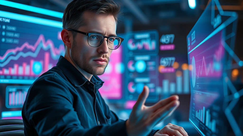 Marketer using AI-driven marketing interface with predictive analytics for data-driven marketing