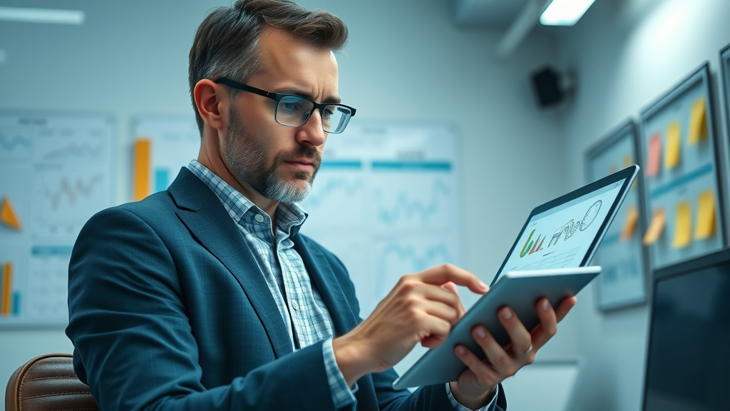 Risk management consultant using digital tablet to assess crisis management risks in a high-tech small office with visible diagrams