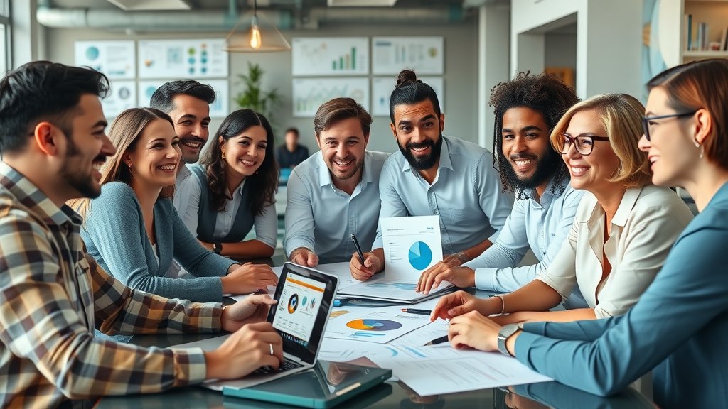 diverse team of small business owners collaborating on marketing ideas in a modern office, small business marketing tips