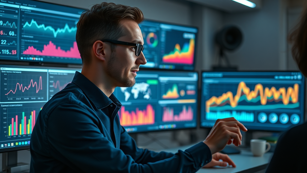 Content creator analyzing performance analytics dashboards, measuring content creation results