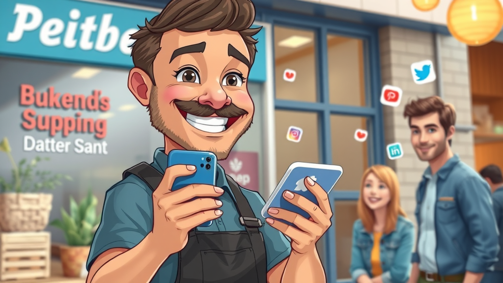 Small business owner broadcasting a social media update for crisis communication in shopfront with loyal customers and digital icons