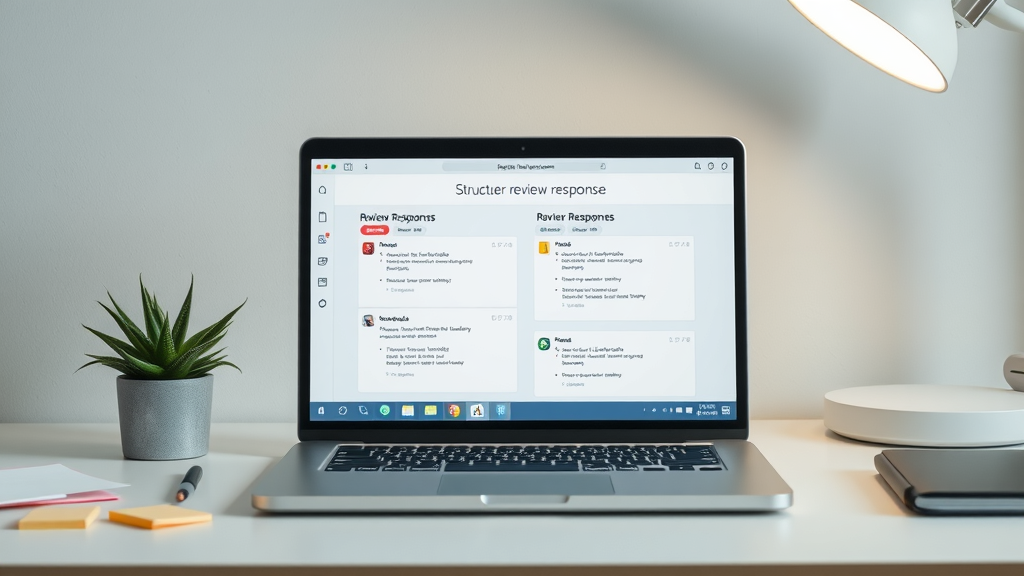 laptop displaying review response templates for positive and negative reviews