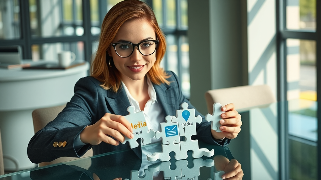 businesswoman integrating social, email, and blog content strategy with puzzle pieces at conference table