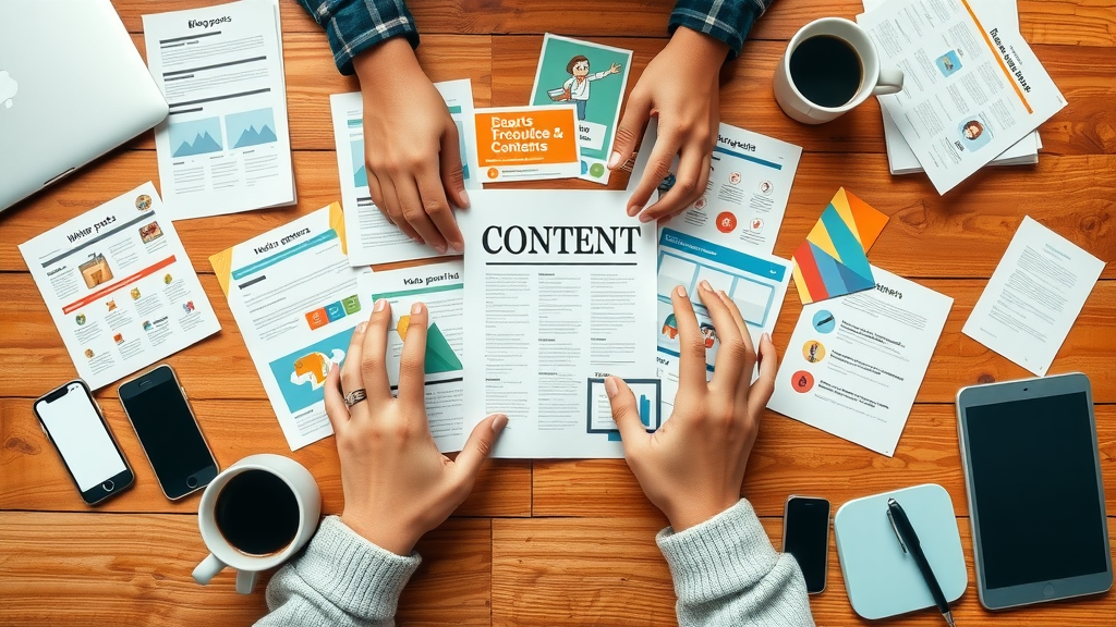 hands arranging blog posts, white papers, and social media graphics on creative marketing display