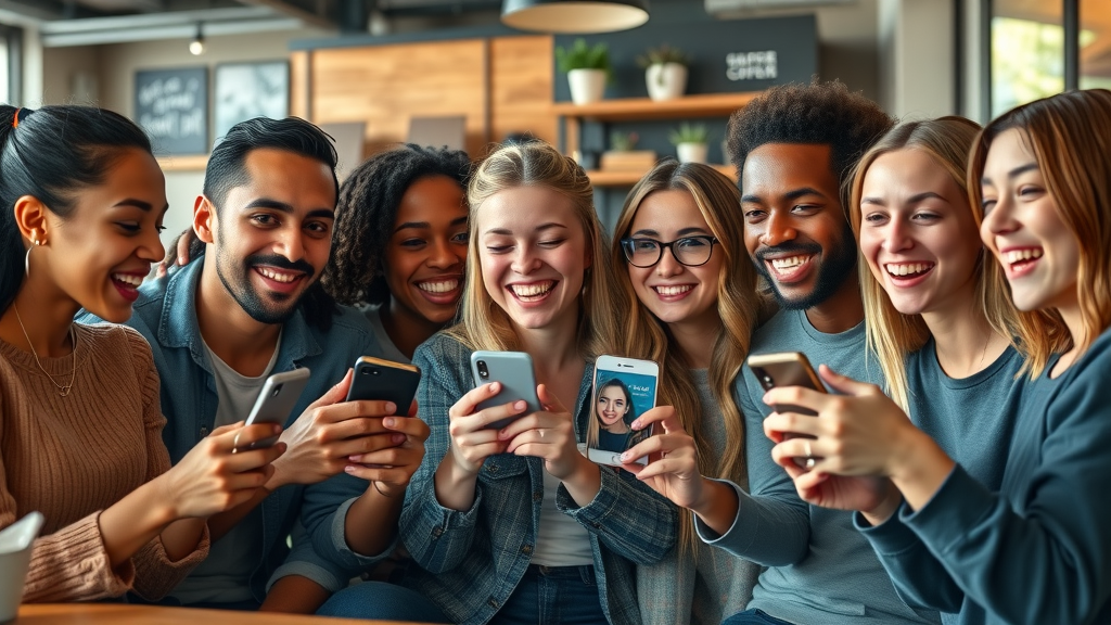 social media video marketing integration group watching videos on smartphones together