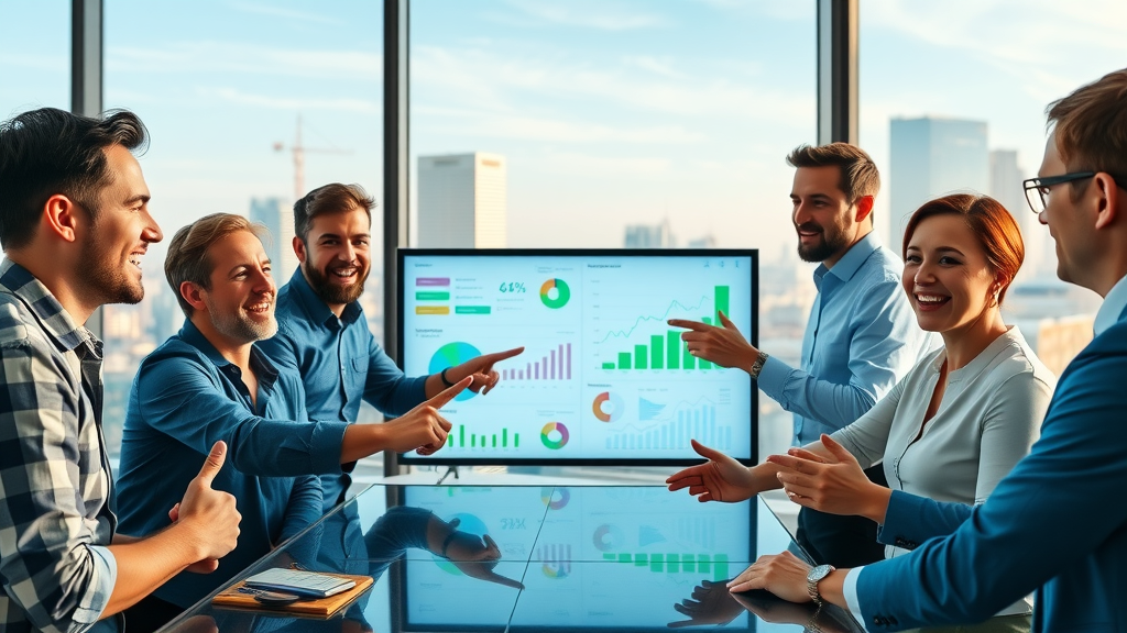 dynamic marketing team collaborating on a brand monitoring dashboard