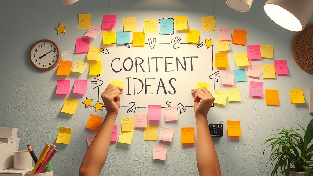 content creation idea brainstorming, content creator pinning bright ideas on board in a colorful creative studio