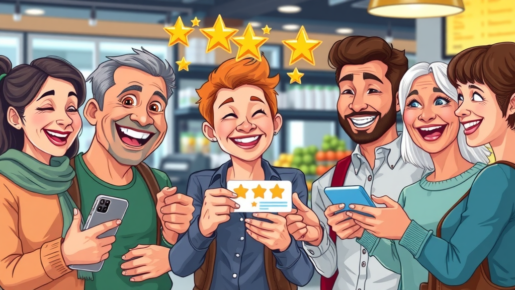 happy customers interacting with business, review response techniques in action on mobile app, bright store interior