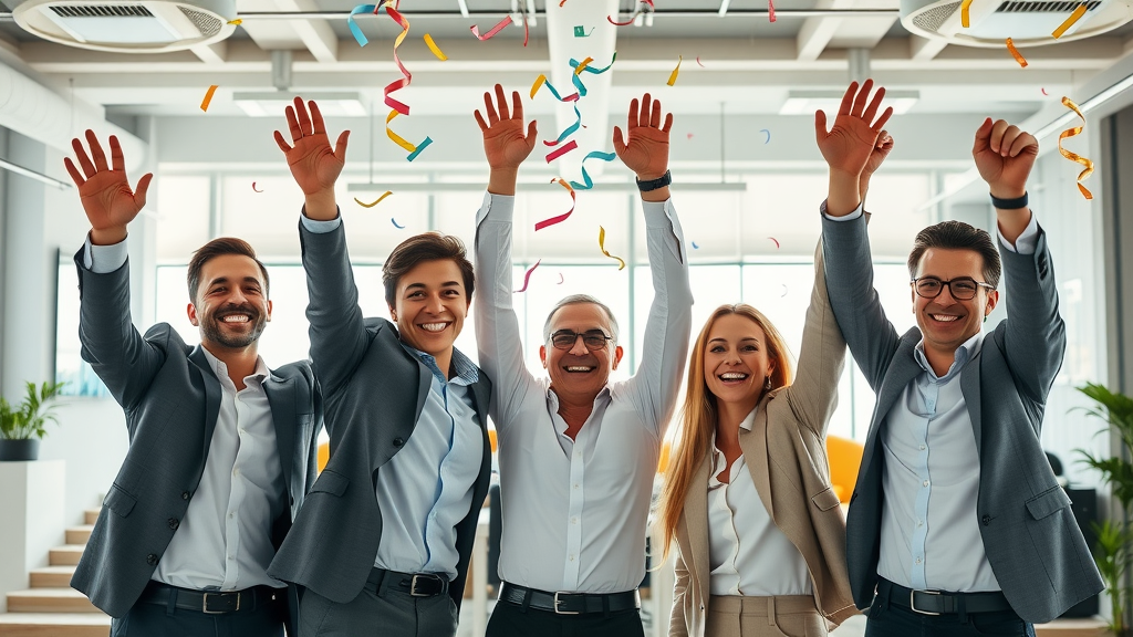 Content marketing team celebrating successful content distribution campaign