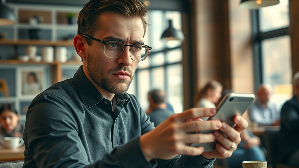marketer analyzing social media engagement across devices in modern coffee shop