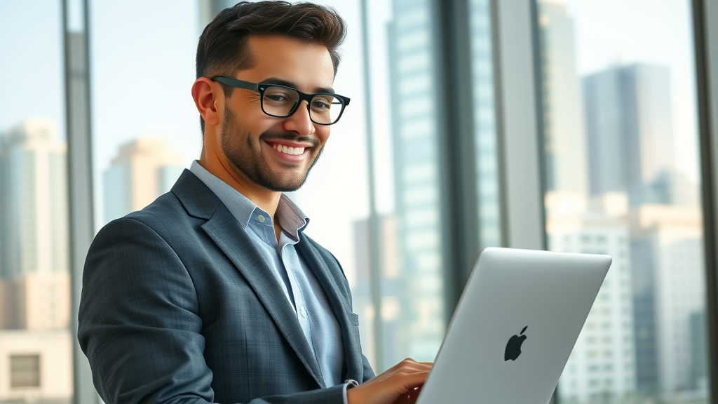 confident professional reputation repair expert using laptop in modern office, search result background with cityscape