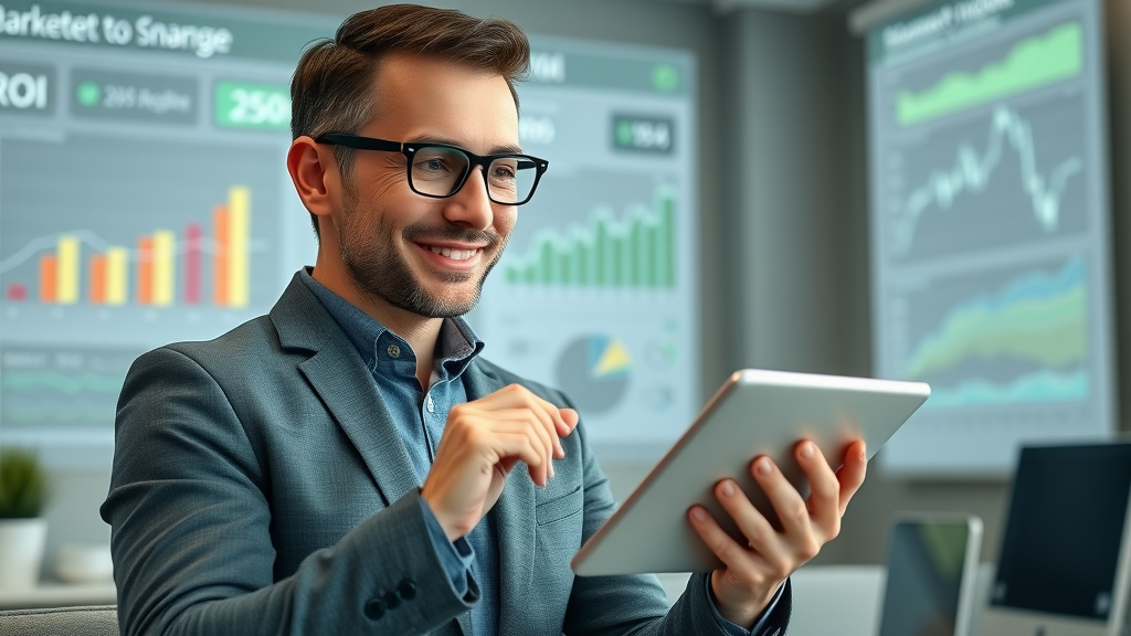 satisfied marketer reviewing content marketing ROI on digital tablet in modern workspace