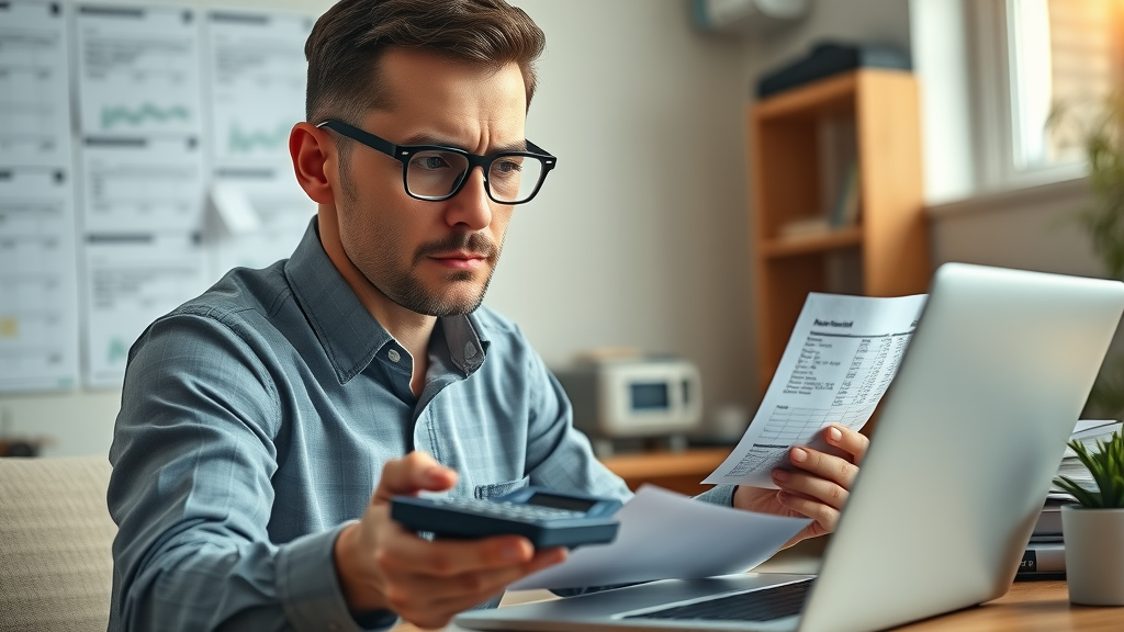Concerned small business accountant analyzing cash flow and financials for crisis management on laptop in a workspace with receipts and spreadsheets