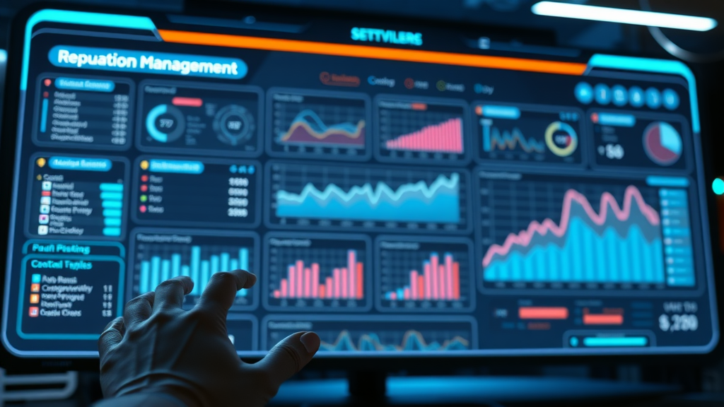 online reputation management dashboard displaying analytics, search results and alerts