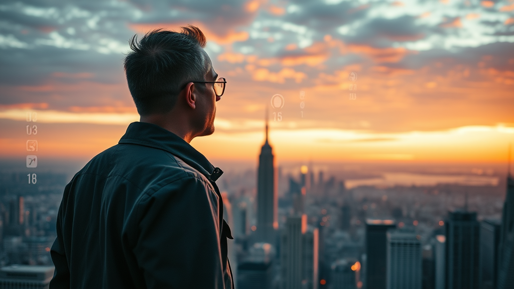 Visionary engineer observing a digital city integrated with AI symbols and data overlays at sunset